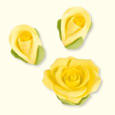 Gelbe Rosen & -knospen mit grünen Kelchblättern aus Marzipan :: Mittel - Durchmesser: ~ø 40 mm, ArtikelNr: 2373. Klein - Durchmesser: ~30 x 17 mm, ArtikelNr: 2379